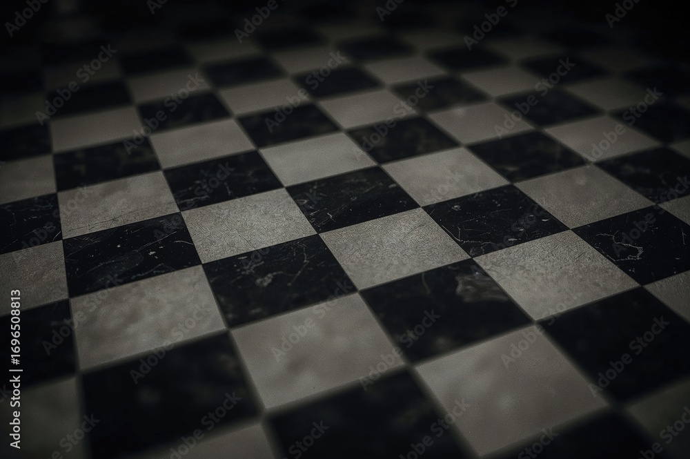 Poster close-up of an old-fashioned blank chessboard with a monochrome checkered pattern