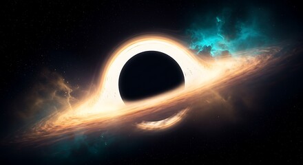Celestial gateway to the unknown, a supermassive black hole warps spacetime with its glowing accretion disk amidst cosmic nebulae
