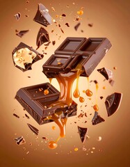 A broken dark chocolate bar with caramel dripping and pieces flying in the air, highlighting the textures and flavors.