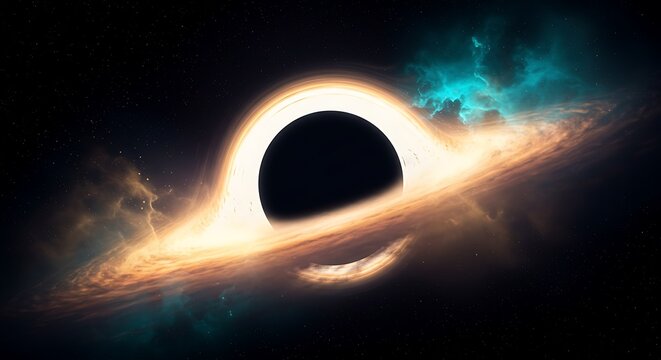 Celestial gateway to the unknown, a supermassive black hole warps spacetime with its glowing accretion disk amidst cosmic nebulae