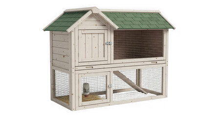 Fototapeta na wymiar Wooden two-story rabbit hutch with green roof and ramp outdoor small animal dwelling for pets transparent background
