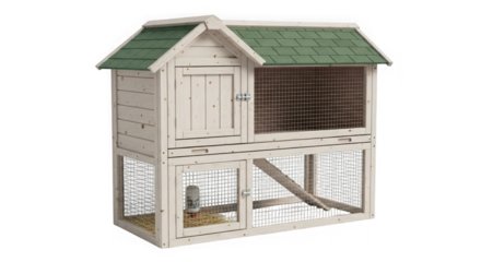 Wooden two-story rabbit hutch with green roof and ramp outdoor small animal dwelling for pets transparent background