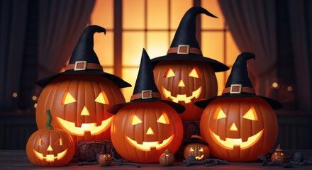 Jack o lanterns wearing witch hats glowing on a wooden table indoors