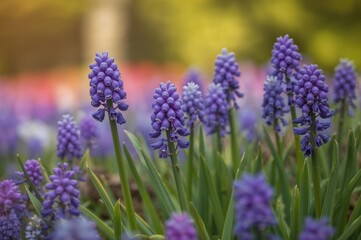 Cluster of Blue Grape Hyacinth Blossoms in a Garden Bed