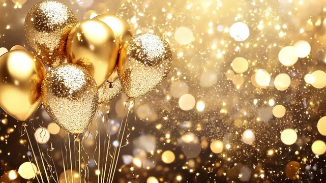 Glistening golden balloons illuminate the atmosphere, enhancing the joyous vibe of the holiday celebration over shimmering bokeh background