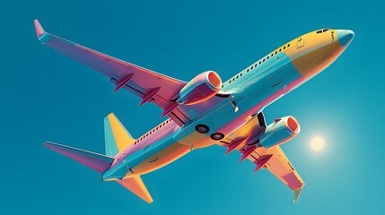 Fototapeta premium A vibrant, colorful airplane soars against a brilliant azure sky, showcasing a dynamic and cheerful design.