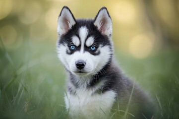 Siberian husky puppy with striking blue eyes against a blurred abstract backdrop
