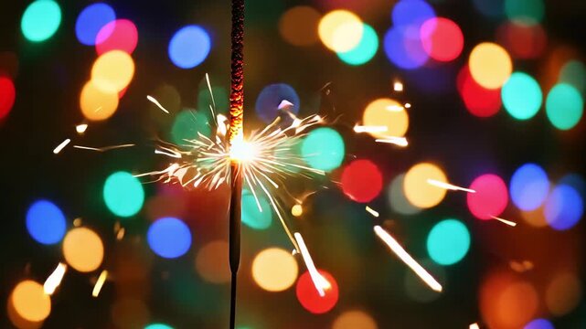 A sparkler ignites, illuminating a vibrant backdrop of colorful lights as winter festivities unfold in December