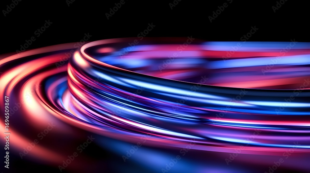 Poster glowing neon red and blue light trails create dynamic curved lines against dark background, abstract