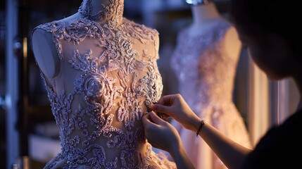 A close-up of a person adjusting an intricately designed dress on a mannequin
