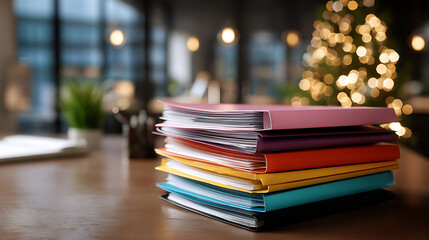 Colorful Stack of Folders and Notebooks on Wooden Desk Near Christmas Tree