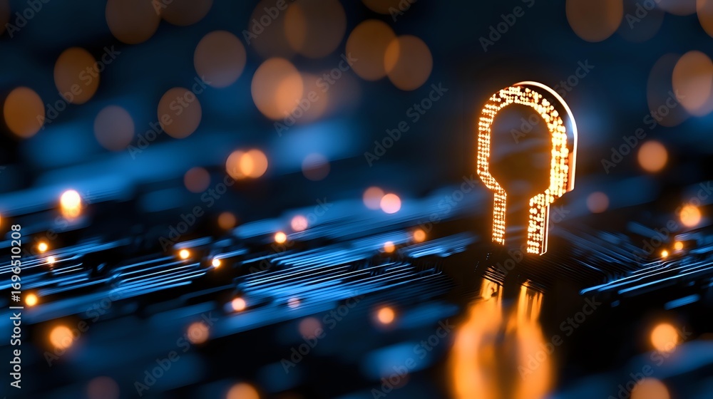 Poster glowing padlock icon on digital circuit board with bokeh lights background illustrates cybersecurity