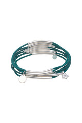 Stylish teal cord bracelet with silver tubes and charm details