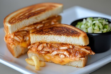 Grilled cheese sandwich with pulled buffalo chicken and melted cheddar on toasted white bread, served with fresh cucumber salad and pickles on white plate.