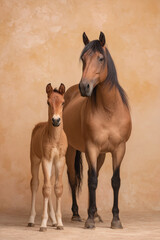 Obraz premium Young Foal and Mother Horse Against Warm Beige Background