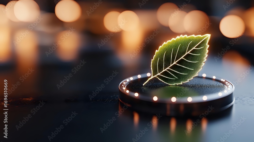Poster green leaf on dark round platform with glowing lights and bokeh background creates magical atmospher