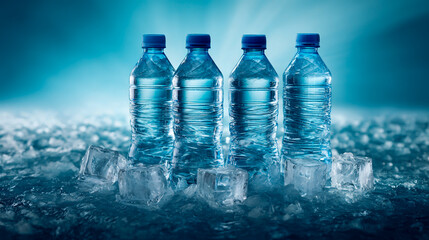 A photograph of four plastic water bottles standing on ice cubes, with a blue background and ample space for text