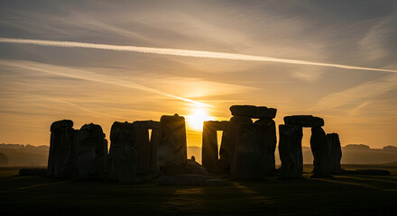 Stonehenge Silhouette: Ancient Stones Catching First Light at Dawn, United Kingdom Heritage Site, Ethereal Golden Hues