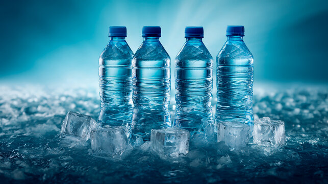 A photograph of four plastic water bottles standing on ice cubes, with a blue background and ample space for text - Powered by Adobe
