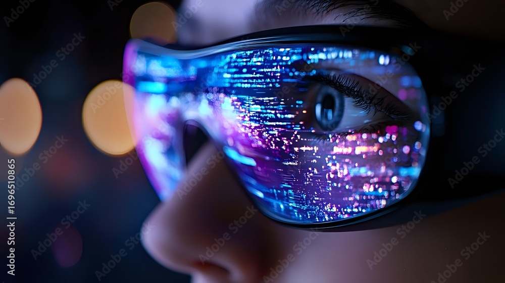Aufkleber futuristic smart glasses display with glowing blue and purple programming code reflection. close up 