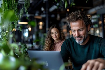 Fototapeta premium Mature businessman in green sweater working on laptop in modern cafe with young female colleague in background, surrounded by plants and ambient lighting.