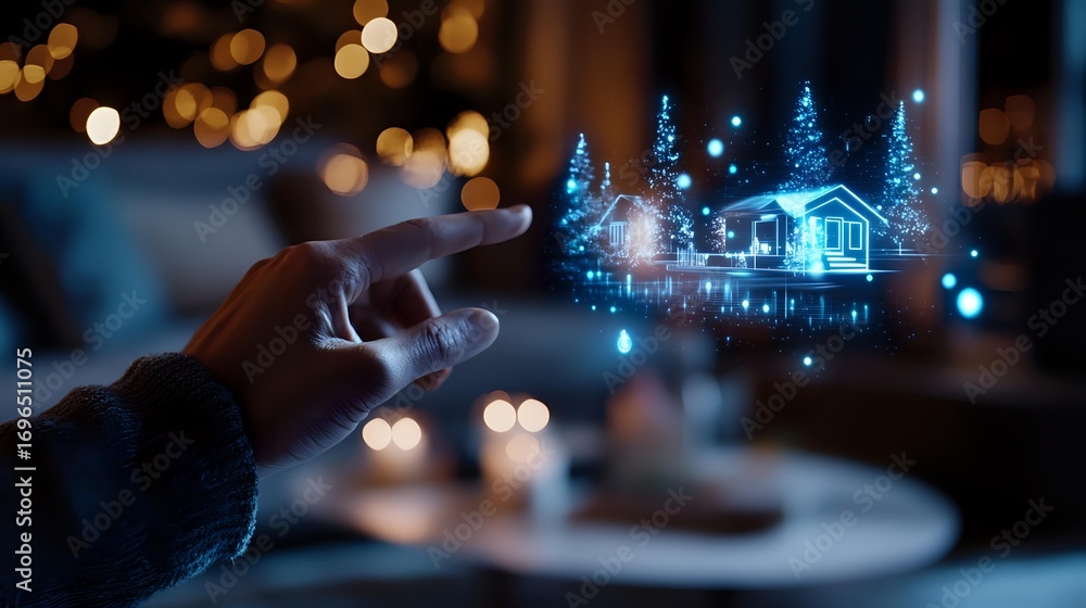 Poster magical winter scene with glowing holographic houses and trees floating above extended hand against 