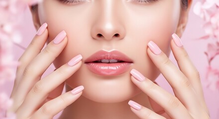Obraz premium Close up of a woman's face and hands with pink nail polish and floral accents