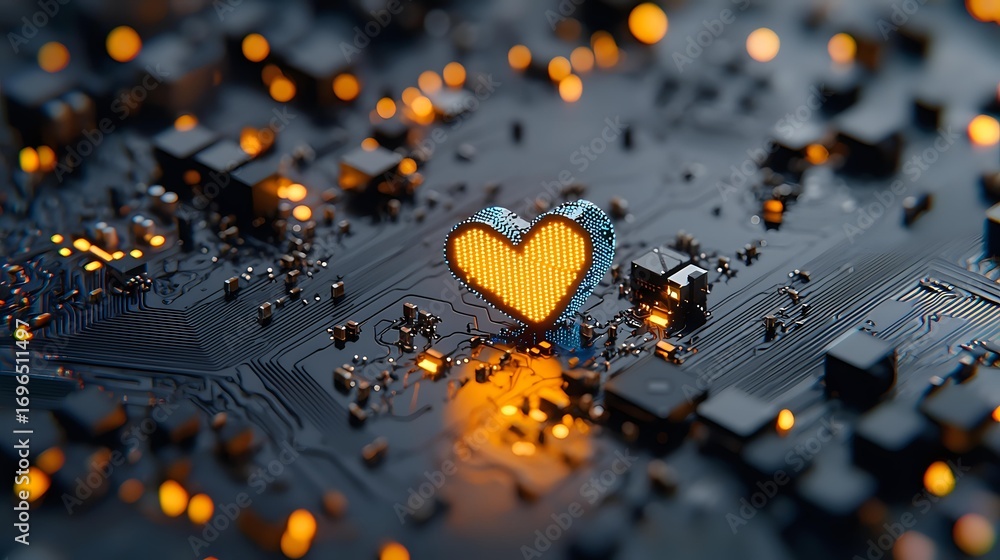 Aufkleber glowing orange heart shape on computer circuit board with bokeh light effects, symbolizing digital l
