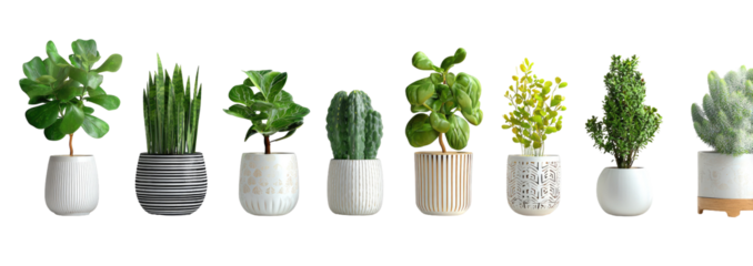 Assorted potted plants in various styles and colors