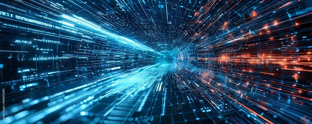Aufkleber dynamic digital tunnel with streaming blue and orange light trails creating futuristic motion effect