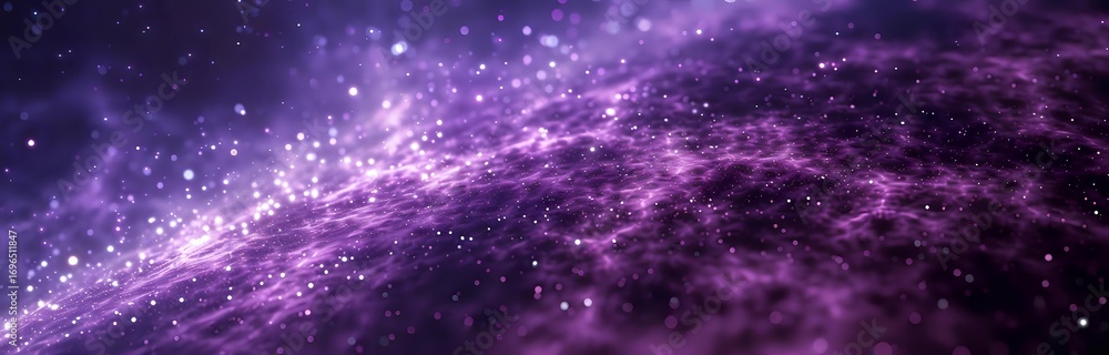 Poster Purple cosmic nebula with glowing stardust and bright particles floating in deep space, panoramic view of mysterious galaxy formation in ultraviolet colors.