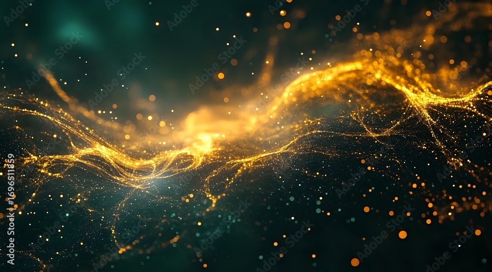 Poster magical golden light waves flow through dark space with glowing particles and sparkles creating ethe