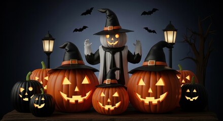 Spooky halloween pumpkins with witch hats and bats against a dark background