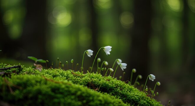 Close-up of delicate white flowers blooming from lush green moss in a shaded forest. Perfect for eco-friendly lifestyle branding, wellness campaigns, natural product packaging, meditation visuals, and