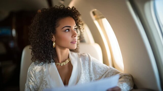 A poised Black woman with natural curls and gold jewelry reviews business reports in a luxurious private jet, exuding professionalism under ambient cabin lighting.