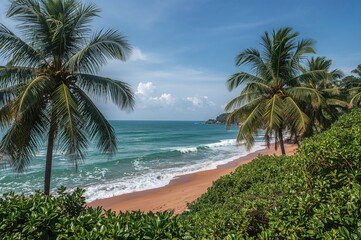 Fototapeta premium Stunning coastal view featuring a vibrant red beach, azure waters, crashing waves, palm trees, and lush greenery. Pictures taken overseas