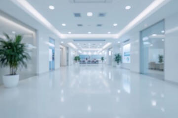 Fototapeta premium Panoramic view of a wide corridor with a soft light blue blurred backdrop in a commercial building