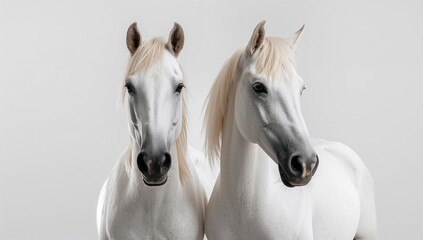 Obraz premium Elegant white horses standing together on a clean white background. Bright, high-key photography.