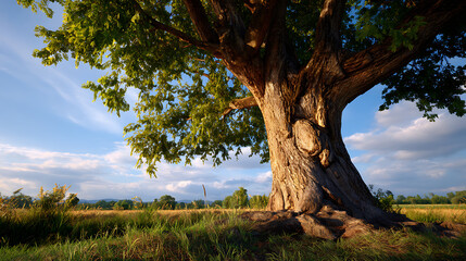 Majestic Ancient Tree in Summer Field under Blue Sky
