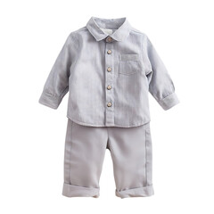 Fototapeta premium Light gray button down shirt and beige pants outfit for baby boy