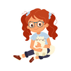 Red-haired girl with glasses hugging her fluffy gray kitten. Cute cartoon vector scene of child embracing cat, showing love, care and friendship. Fun character for kids posters, design and pets themes