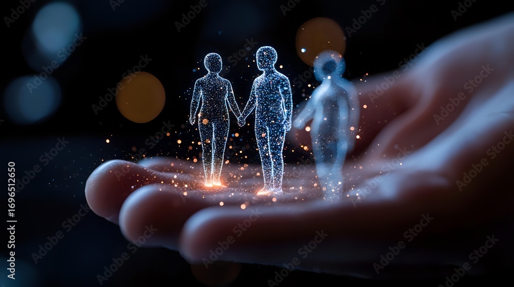 Poster glowing digital figures emerge from open palm with sparkles and light particles against dark backgro