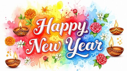 Happy New Year Watercolor Script. Diwali Diyas and Festive Splash.
