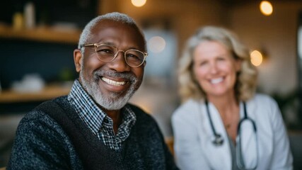 An elderly man and female doctor share a warm, trustful moment in a cozy, well-decorated medical office.