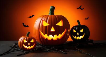 Spooky jack o lanterns glowing with bats for a halloween celebration