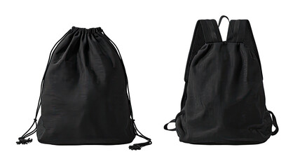 Two black drawstring bags, one a backpack, isolated on a dark background.  Each bag features a simple drawstring closure
