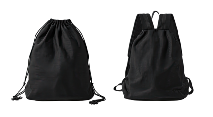 Two black drawstring bags, one a backpack, isolated on a dark background.  Each bag features a simple drawstring closure