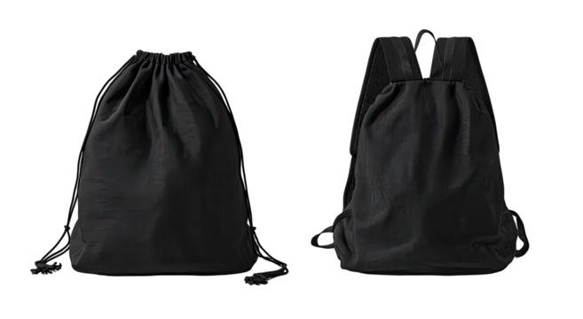 Two black drawstring bags, one a backpack, isolated on a dark background.  Each bag features a simple drawstring closure