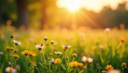 Soft, sunlit meadow bathed in golden hour light, wildflowers swaying gently in the breeze; a tranquil scene evoking serenity and optimism , texture, field