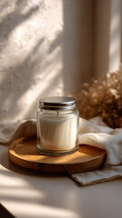 Obraz premium Scenic Candle in Glass Jar on Wooden Tray